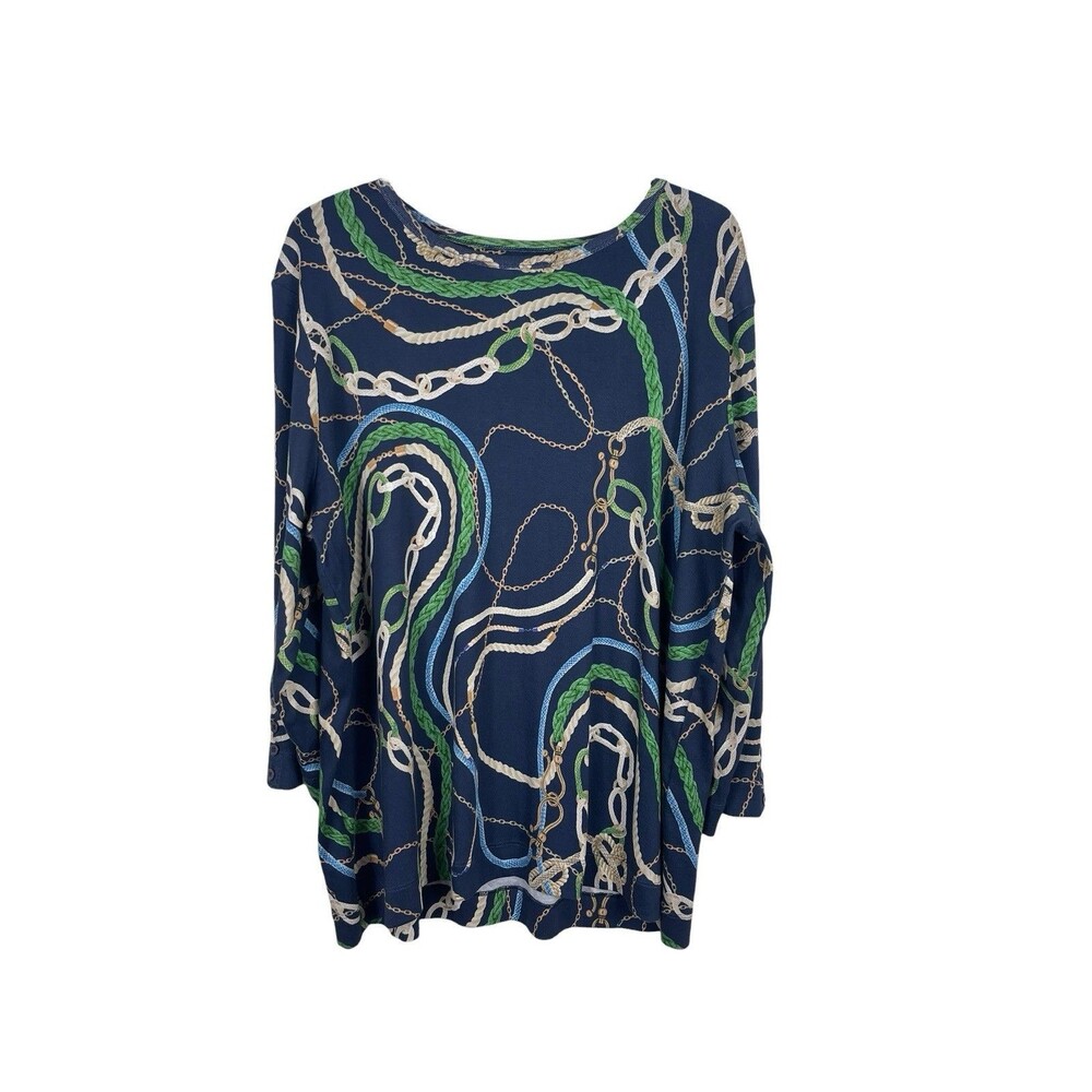 Chico’s Nautical Rope Chain Print Pima Cotton Top Blue Green Coastal Shirt XXL